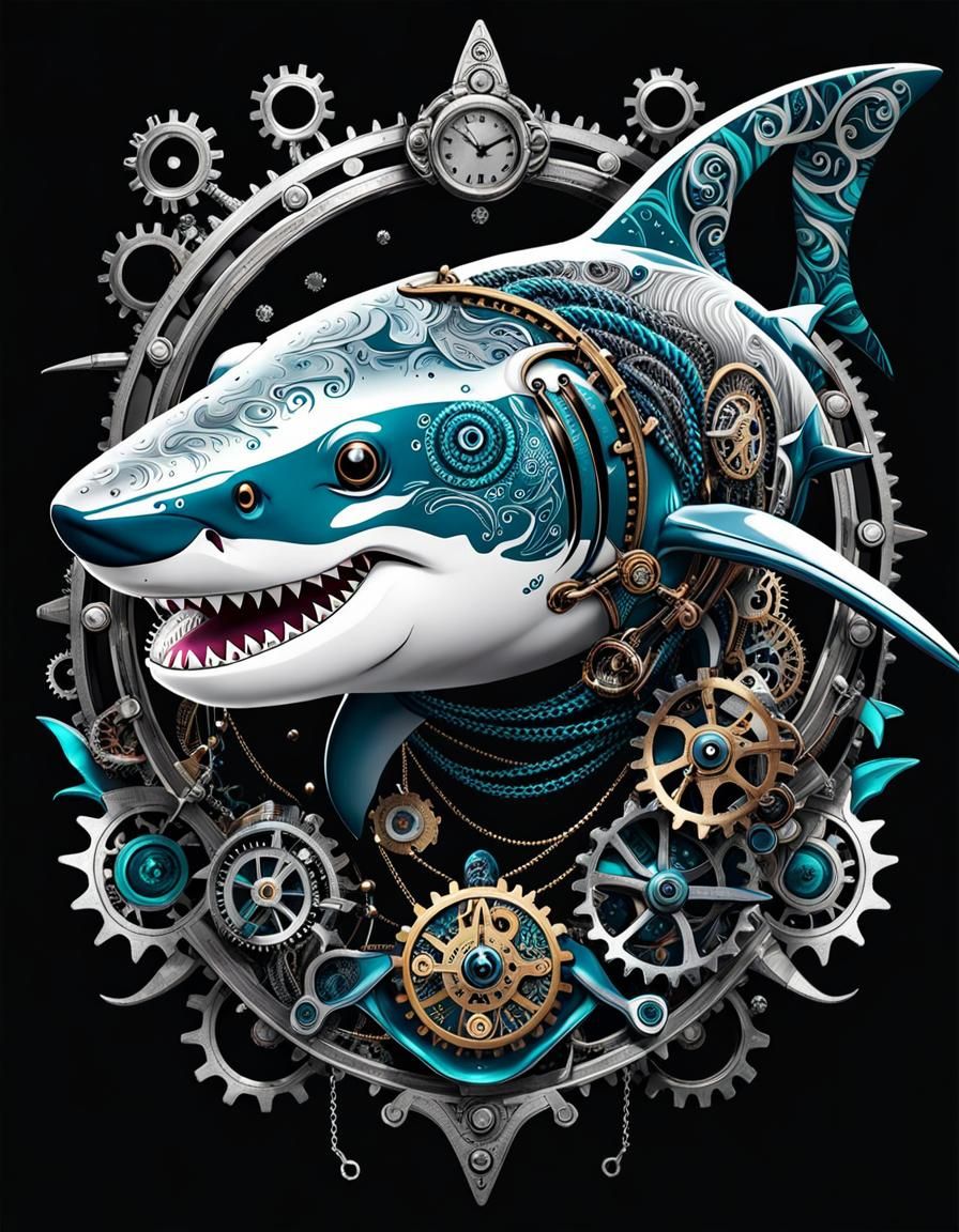 Charming Steampunk Shark Portrait with Intricate Linework