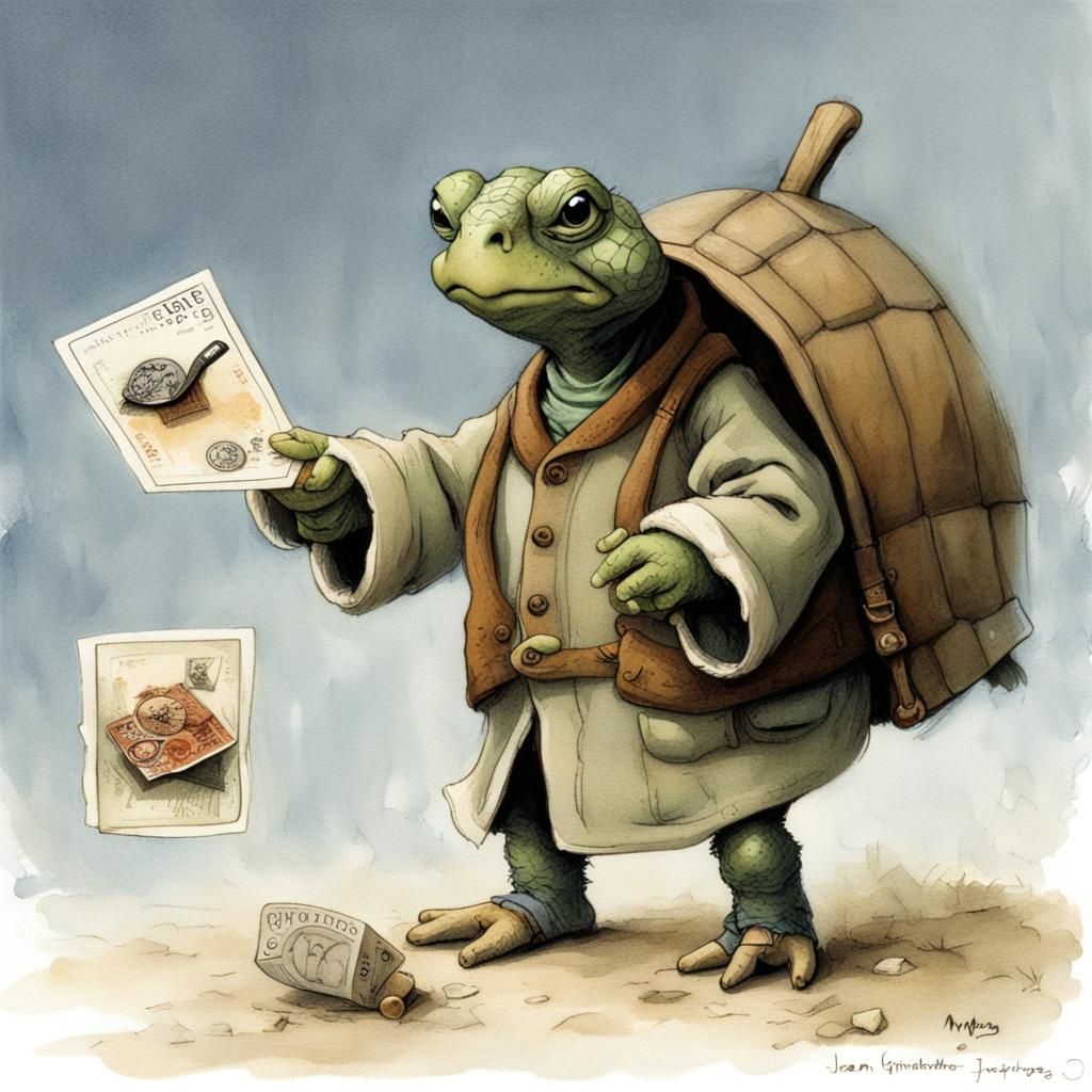 Anthropomorphic Grandfather Turtle Collecting Stamps