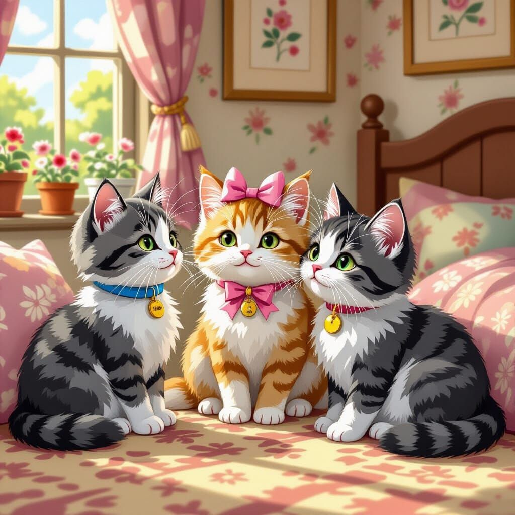 Three Cats Play in Cozy Beatrix Potter Style