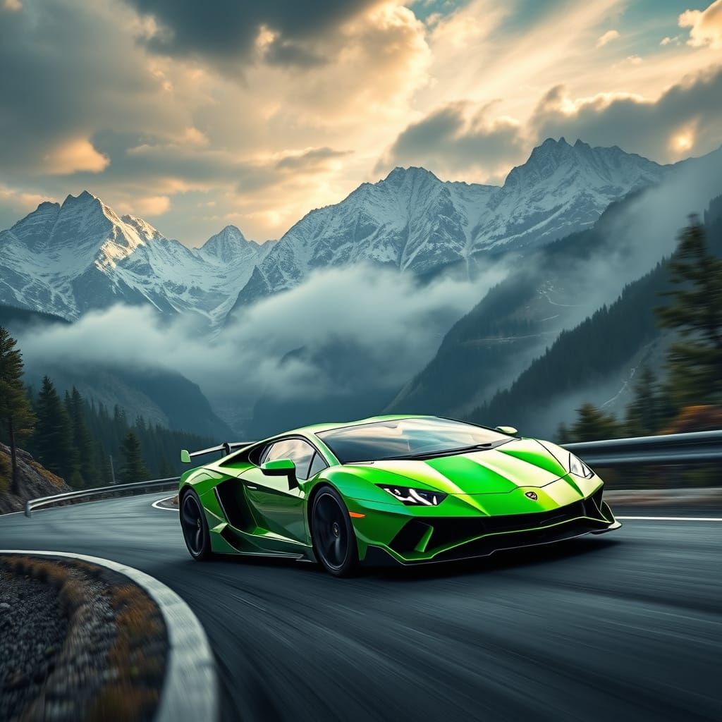 Neon Green Lamborghini Revuelta Speeds Through Majestic Moun...