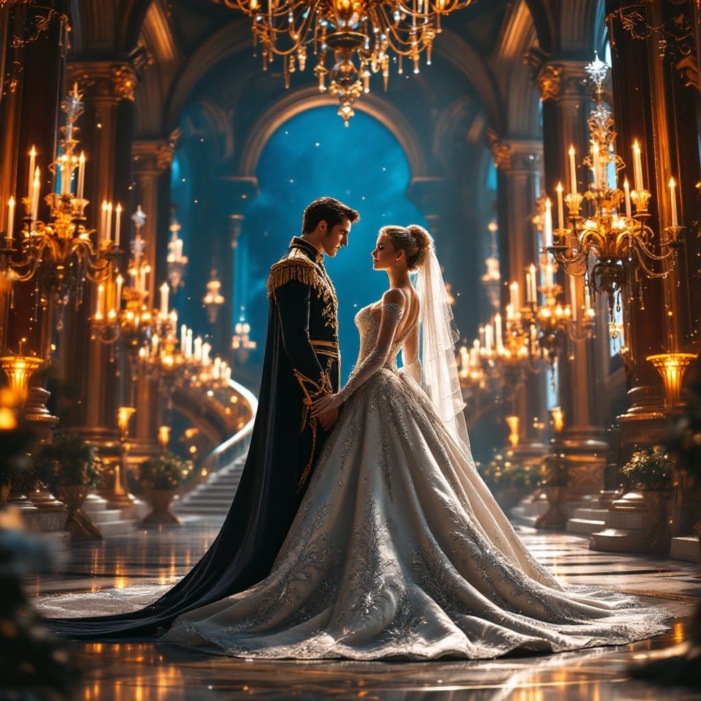 A Futuristic Royal Couple in Elegant Ballroom Splendor