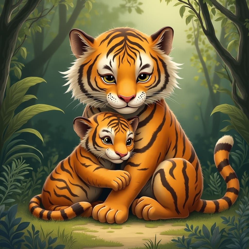 Cozy Tiger Family in Jungle Clearing