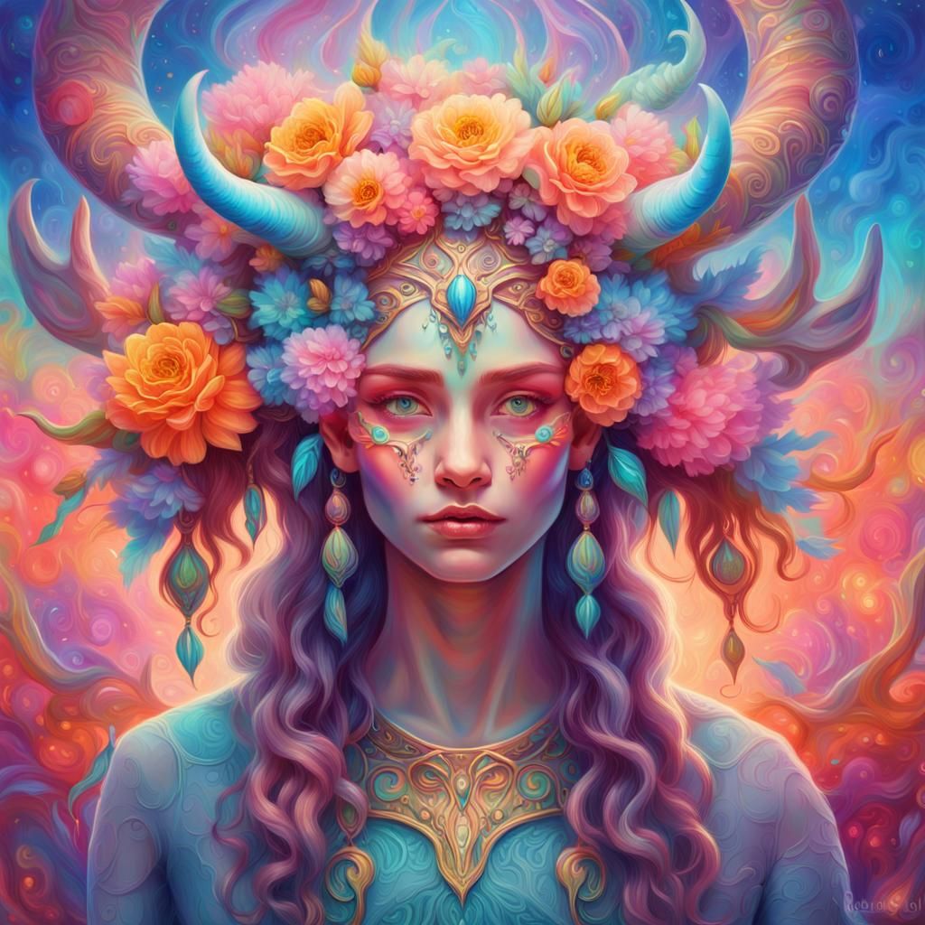 Iridescent Goddess with Horns and Flowers