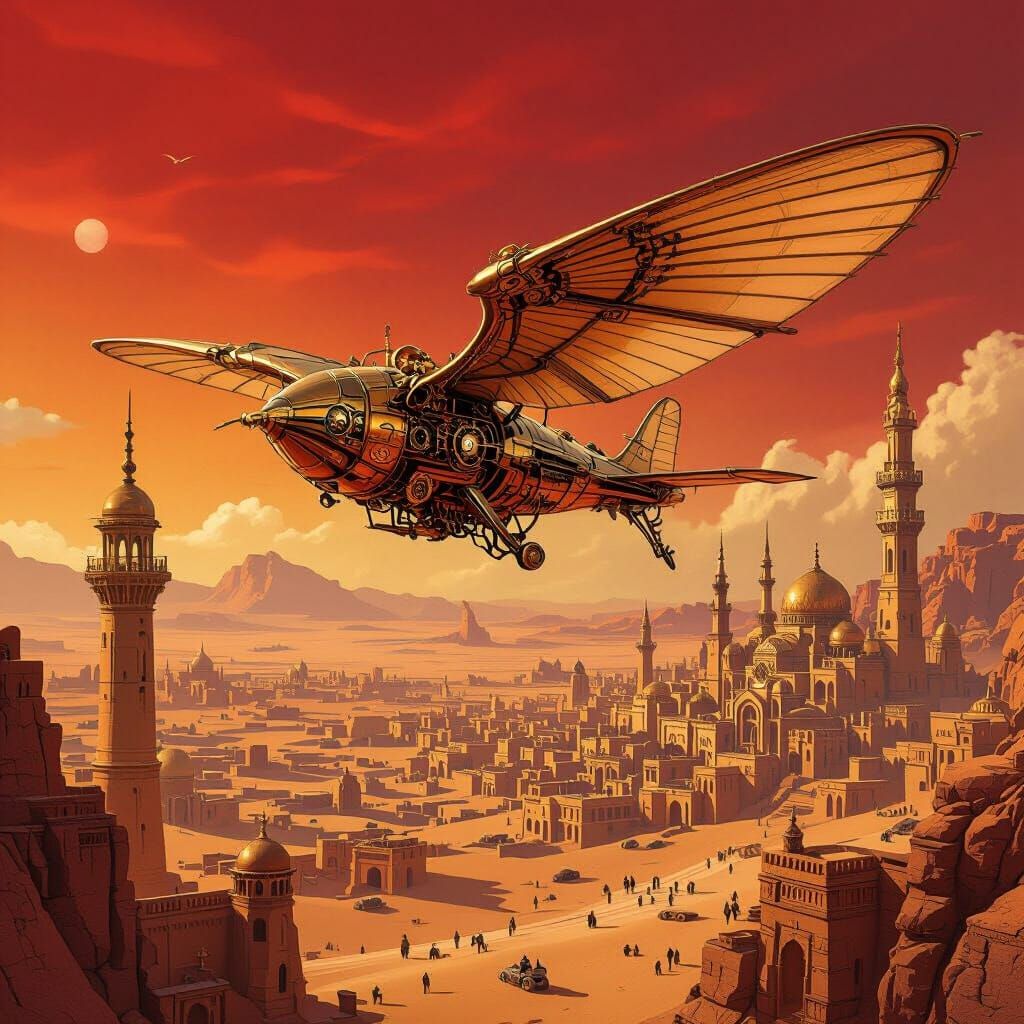 Steampunk Ornithopter Soaring Above Desert City
