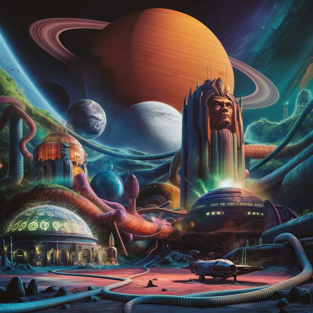 Alien Landscape with Ringed Planet and Towering Structures