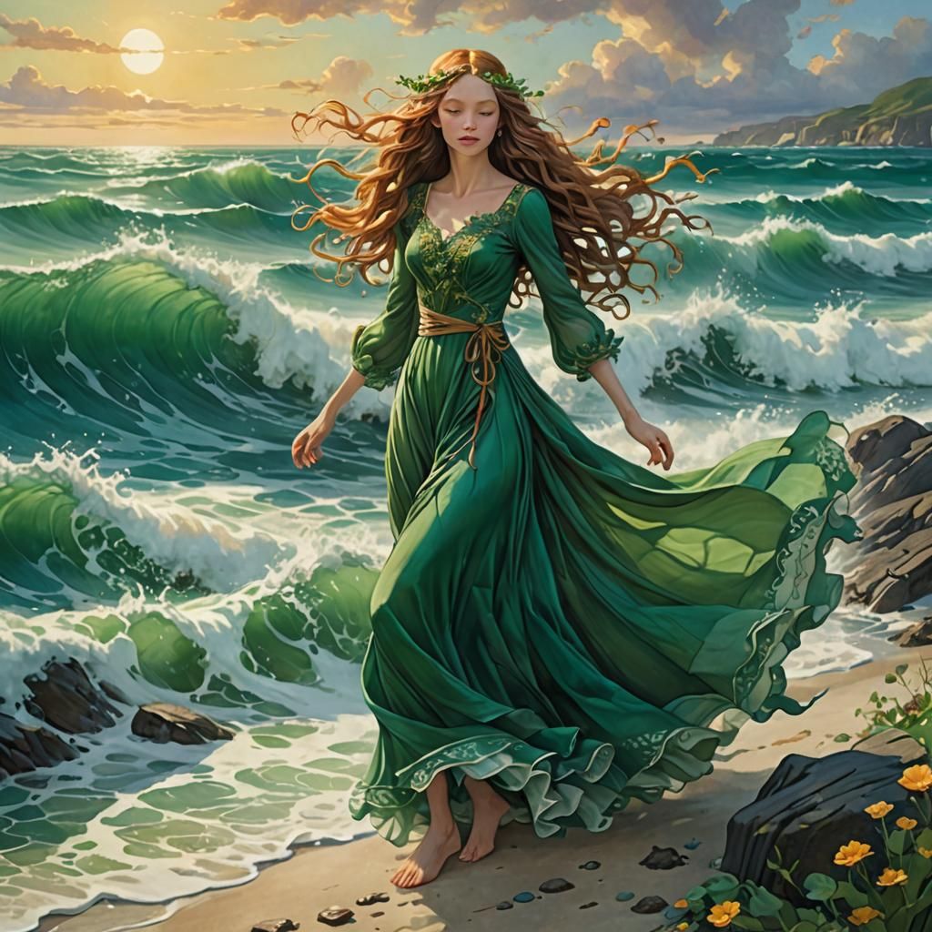 Maiden Gliding on Emerald Ocean, Ethereal Fantasy