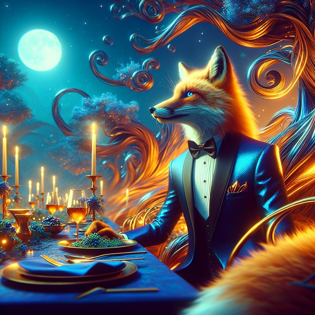 Sophisticated Fox in Tuxedo at Dinner Party Matte Painting