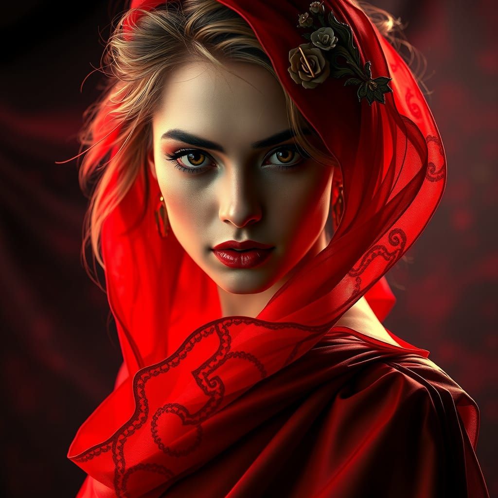 Impressionist Portrait of a Mysterious Red-Gowned Femme Fata...