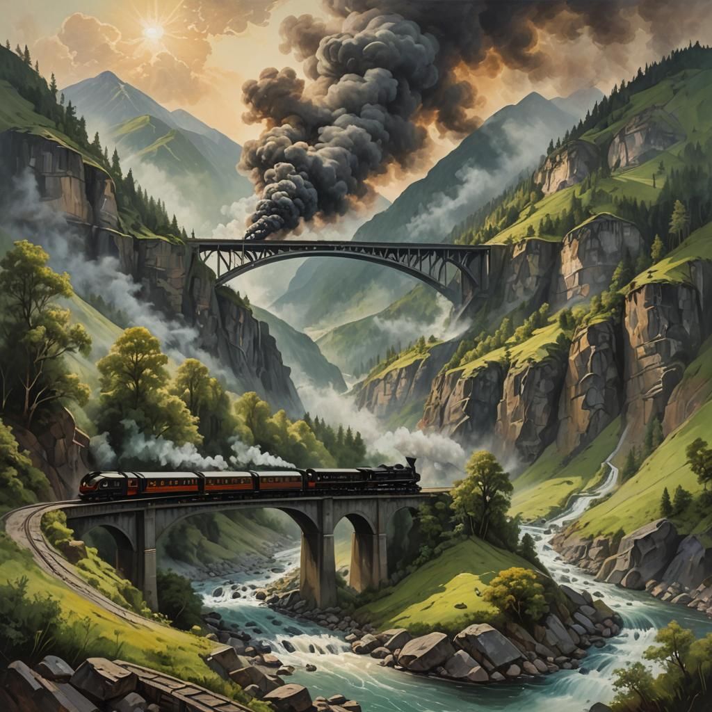 Black Train Over Mountain Bridge, Oil Painting