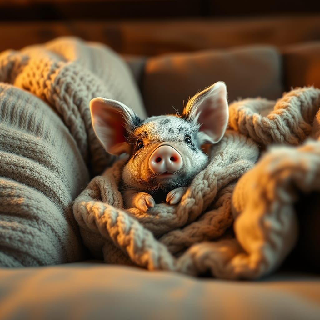 Cozy Piglet on Rustic Sofa with Warm Blankets