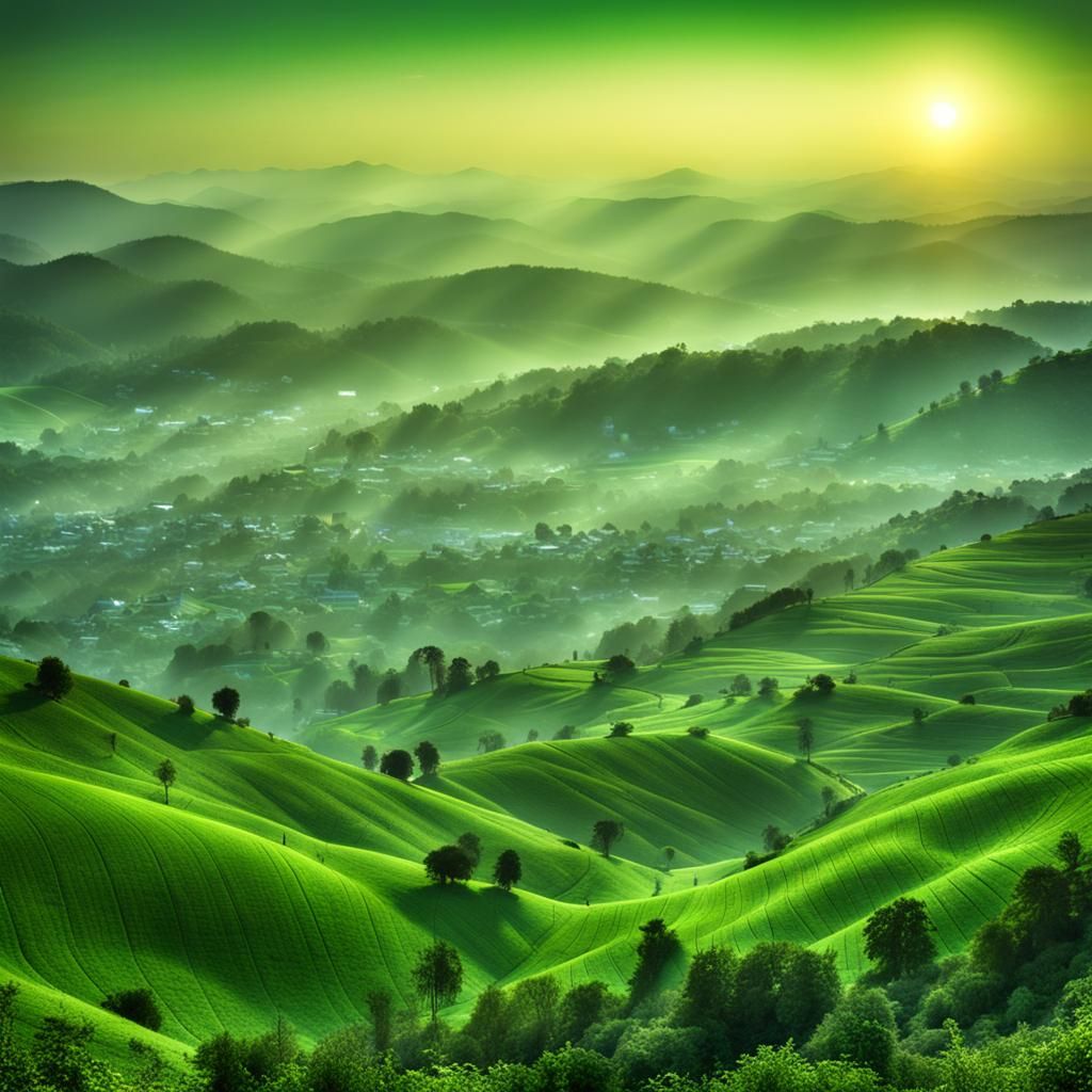 Green Smog Over Hills: Hyperrealistic Cinematic Scene