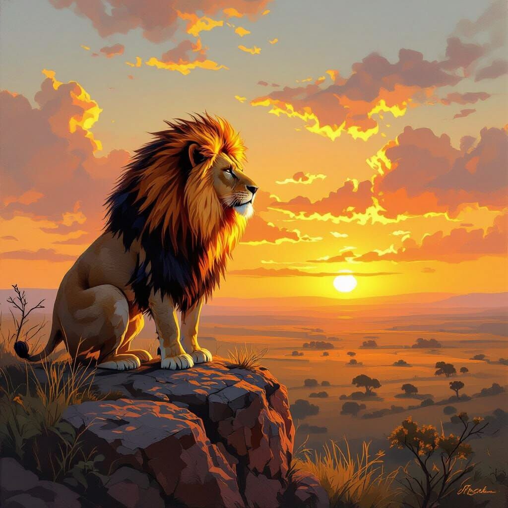Lion with Flaming Mane Overlooking Savanna as Oil Painting