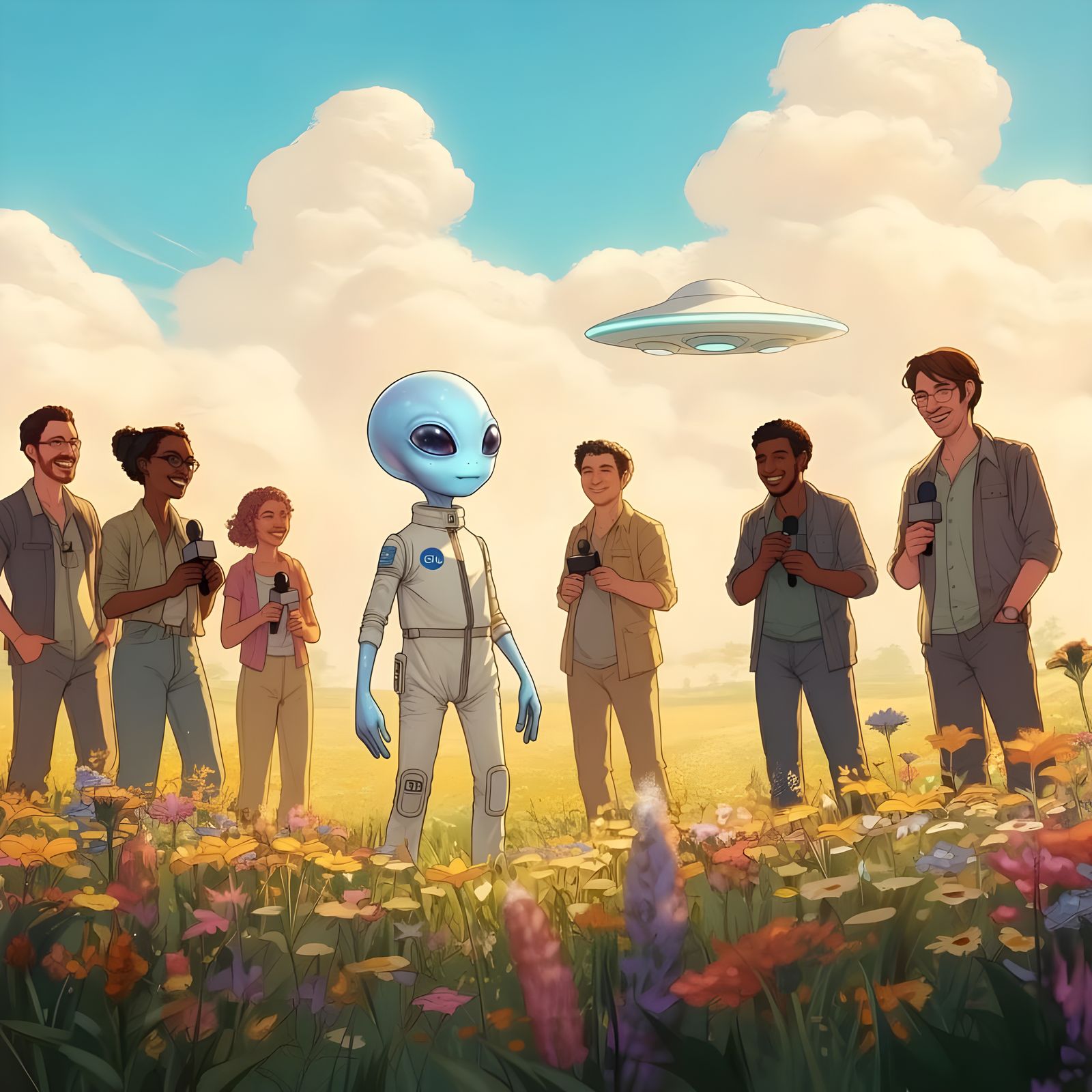 Friendly Alien Greets Journalists in Lush Summer Meadow