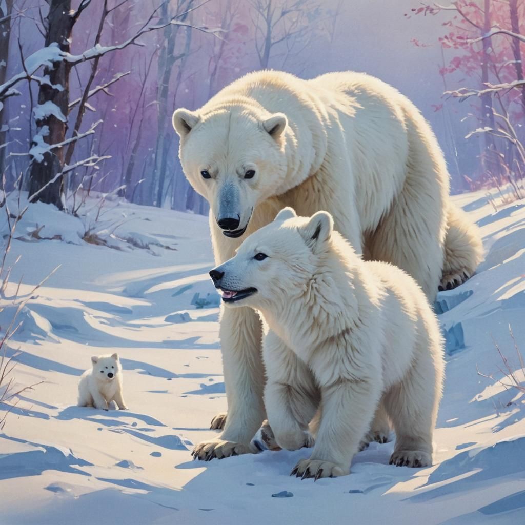 Cartoon Polar Bear and Fox in Snowy Landscape