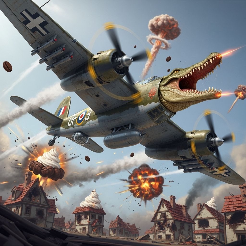 WWII Bomber Crocodile Hybrid Soars Over Cartoon Village