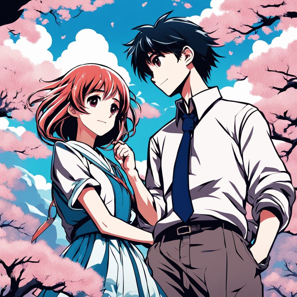 Cherry Blossom Couple's Moment in Anime Style