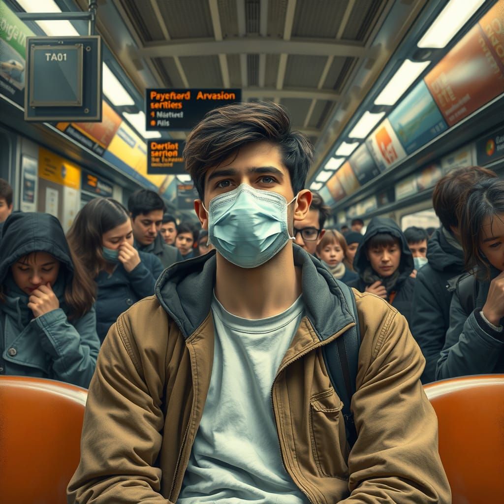 Man in Mask Amidst Coughing Crowd in Public Transportation H...