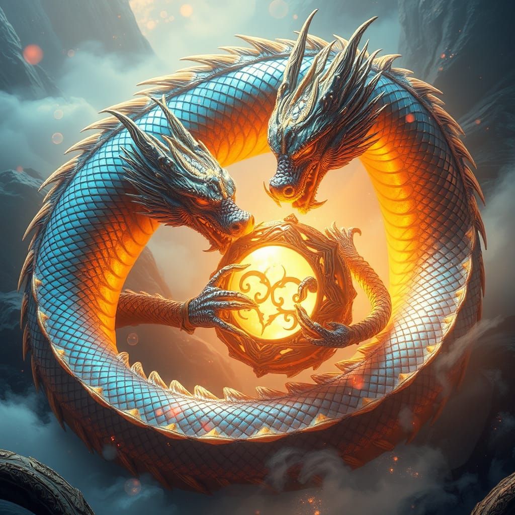 Dragon Coiling Around Magical Artifact in Dreamscape Style