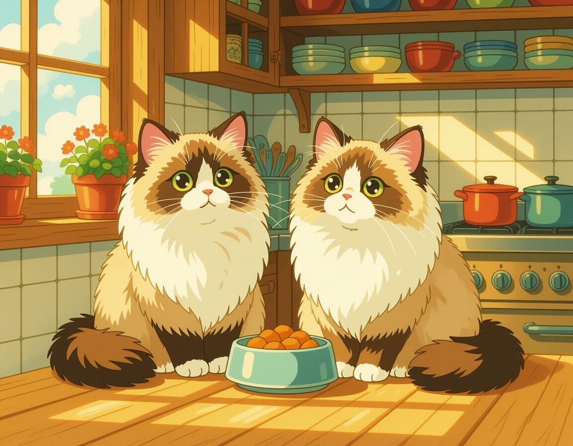 Ragdoll Cats Waiting for Food in Ghibli Style