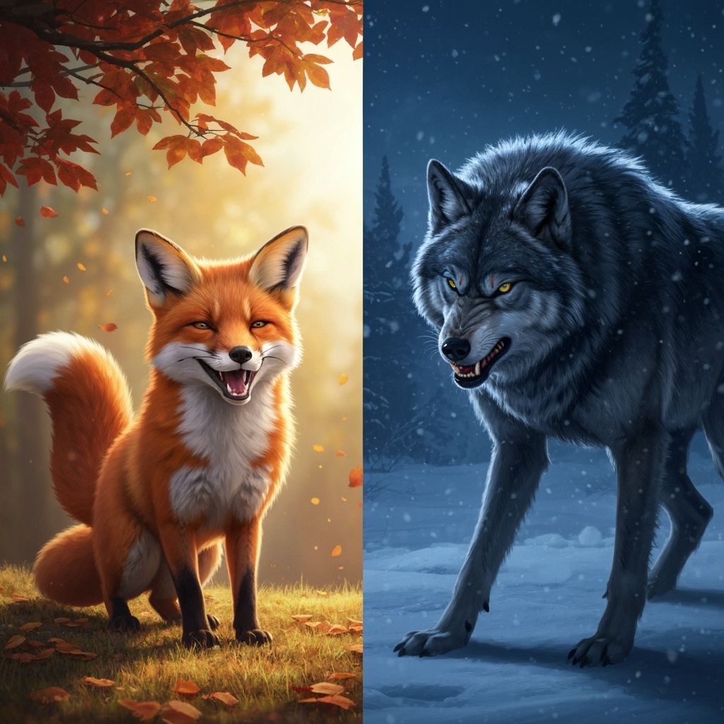 Fox and Wolf: A Striking Split Image in Digital Art