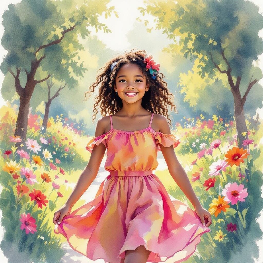 Young Girl Playing in Vibrant Flower Park