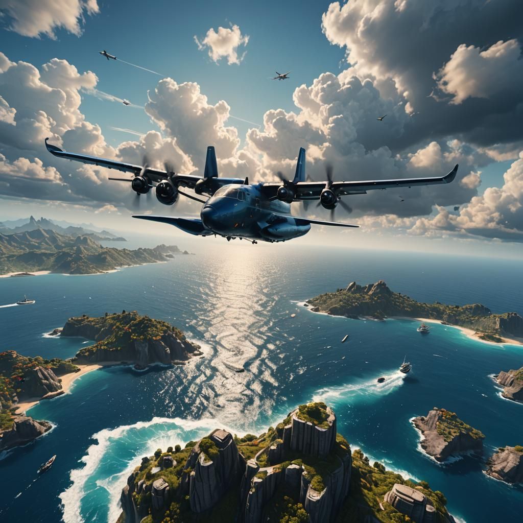 Aircraft Soaring Above Blue Ocean in Detailed Painting