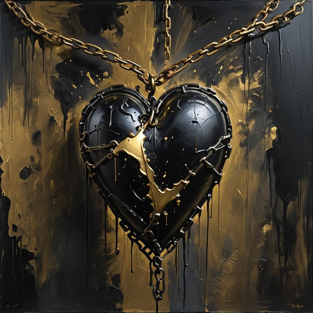 Chained Black Heart Painting with Golden Highlights