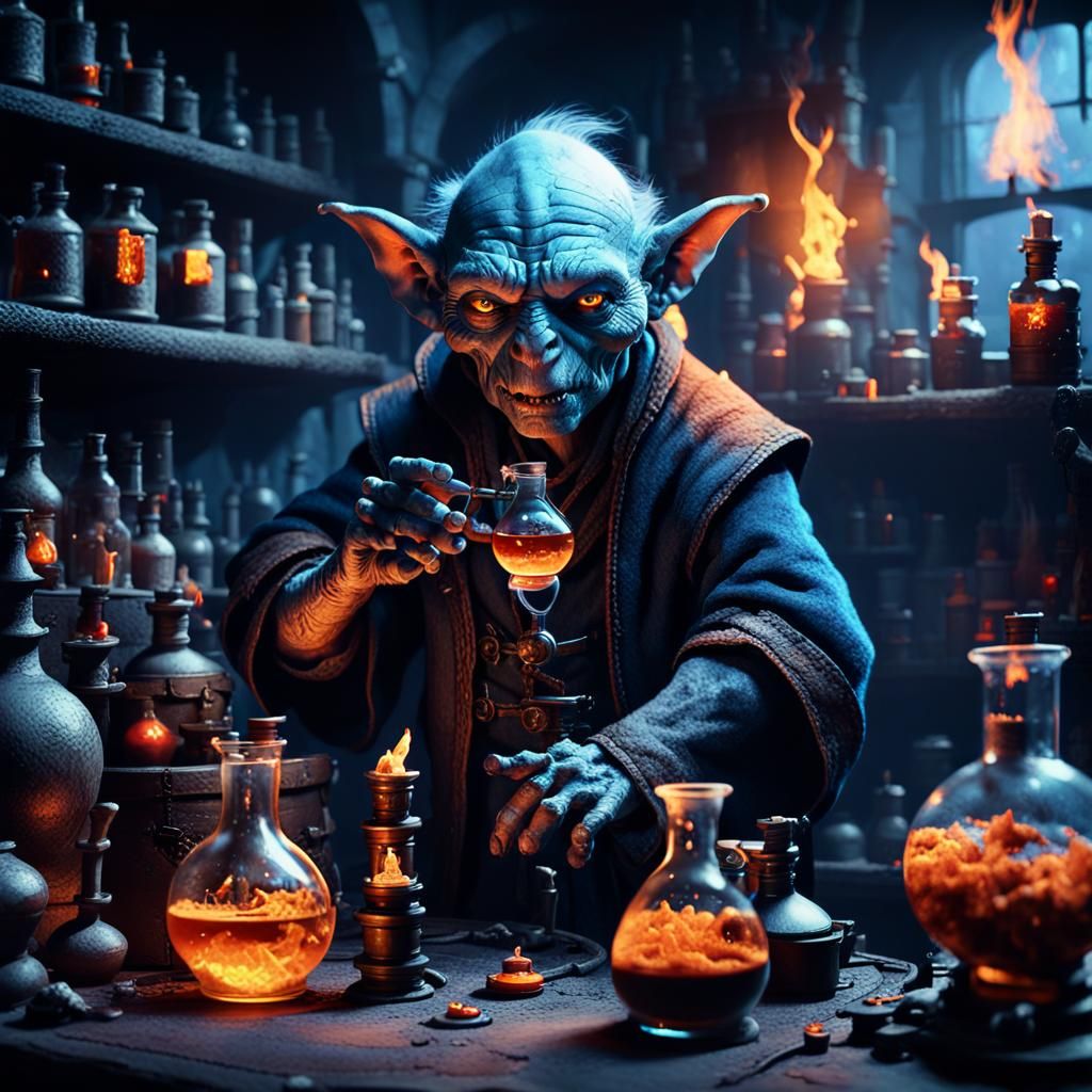 Goblin Alchemist in Dimly Lit Laboratory