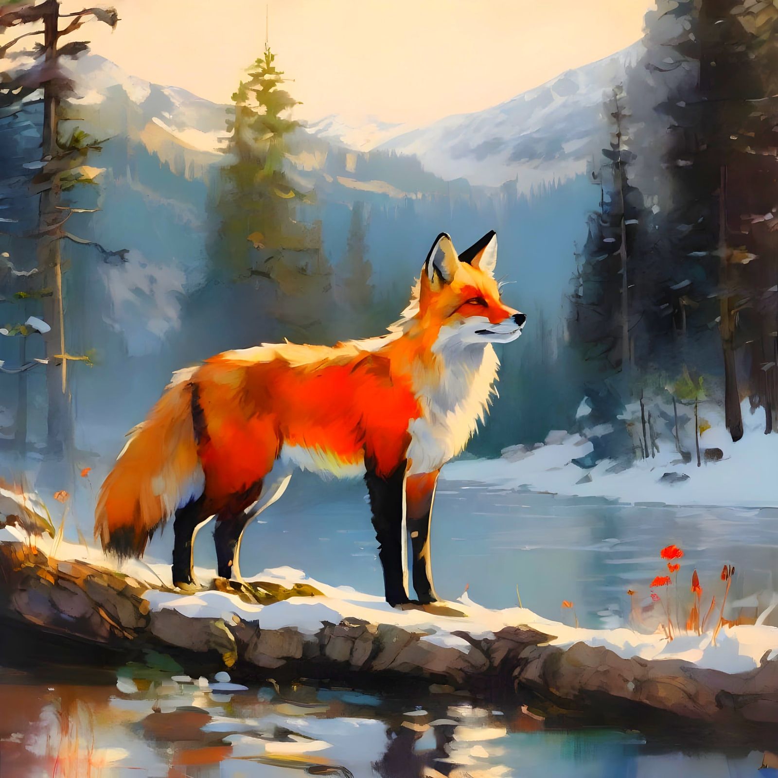 Majestic Red Fox at Mountain Lake