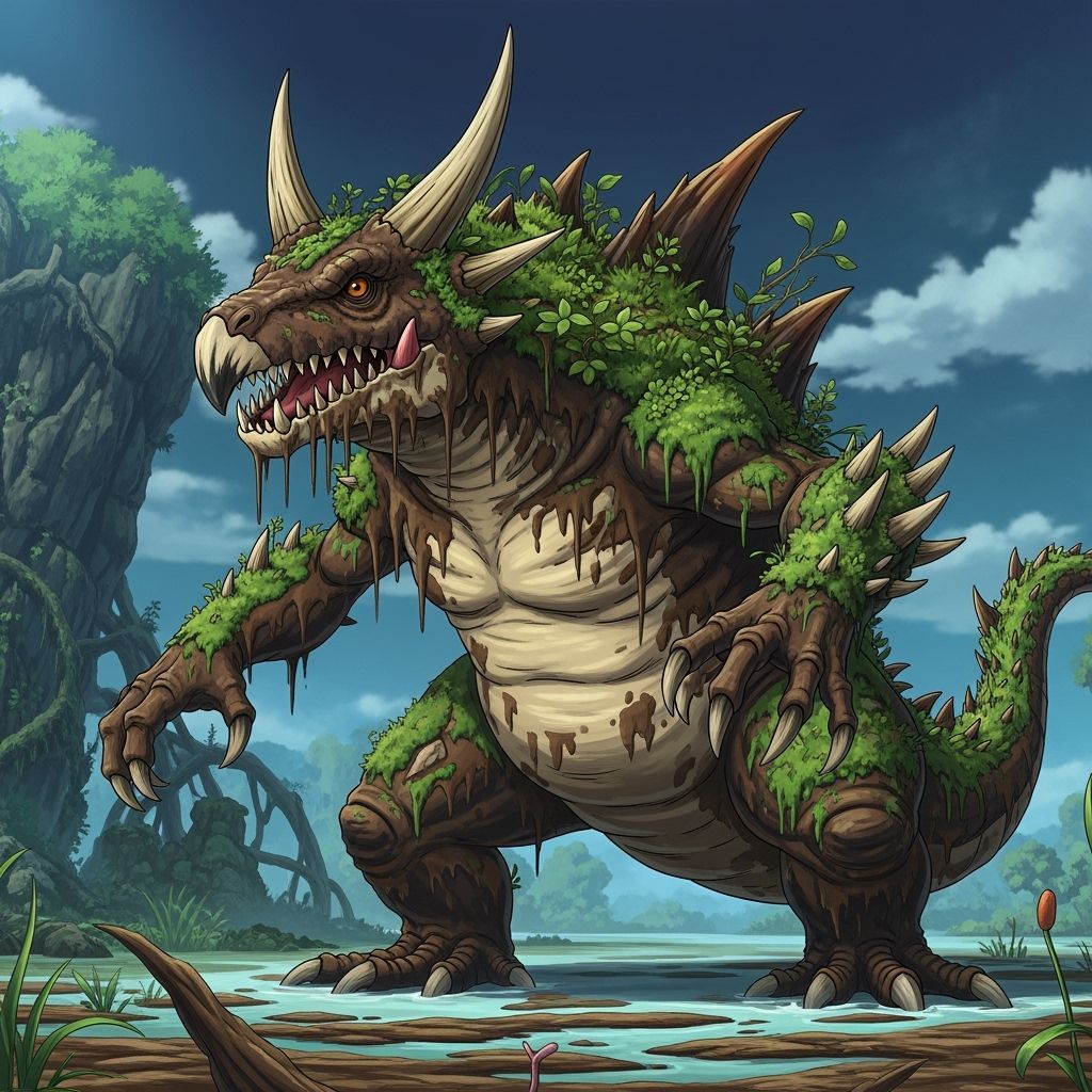 Colossal Kaiju Emerge from Swamp in Anime Style