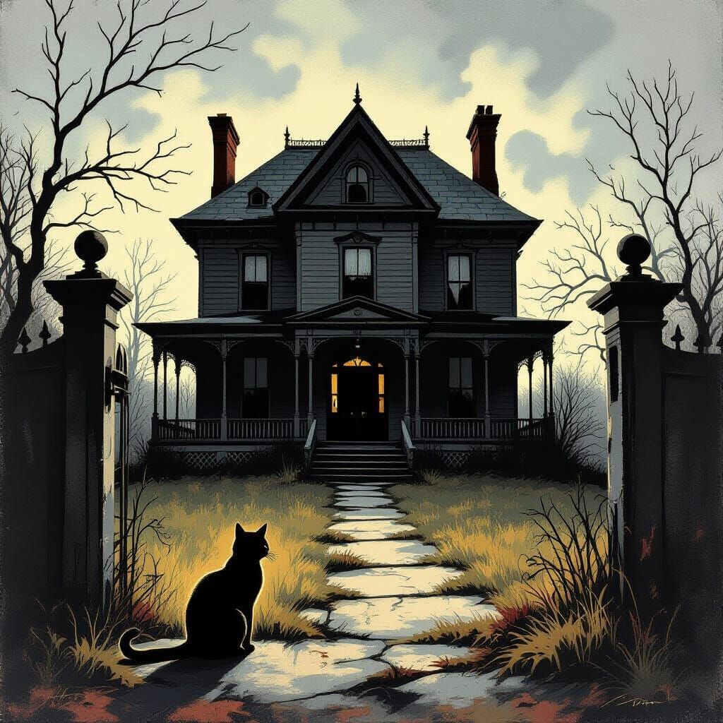 Spooky Mansion with Cat in Surrealist Style
