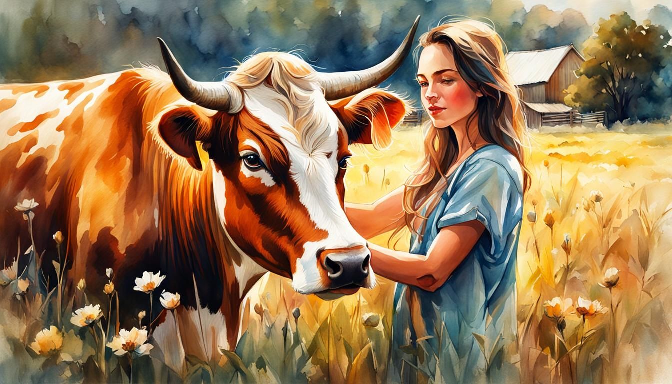 Young Farmer and Cow: Watercolor Summerscape