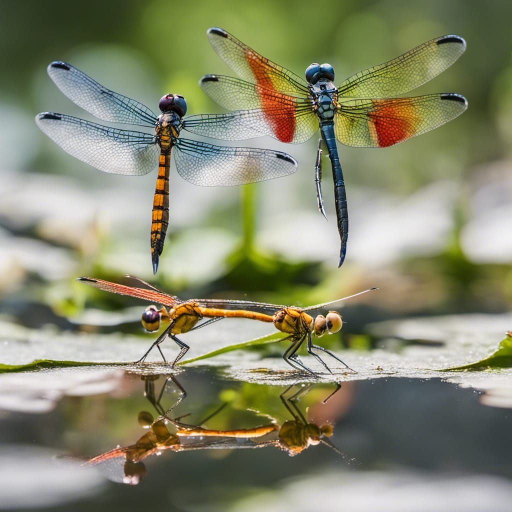 Colorful Dragonflies Landing on a Water Lily