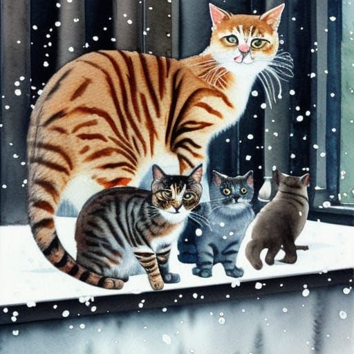 Three Cats Watching Snowflakes: Watercolor Oil Painting
