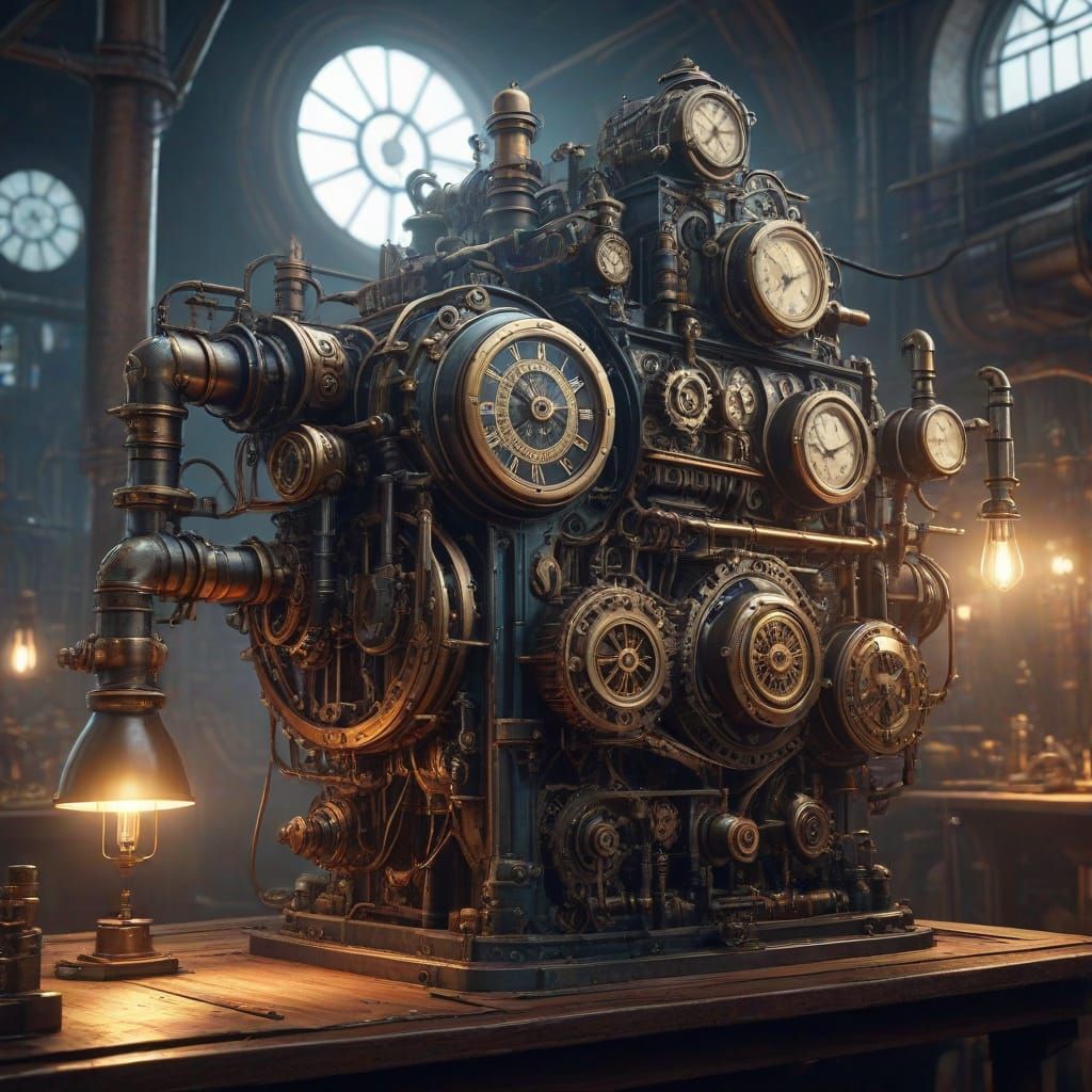 Steampunk Engine Concept Art in Dim Workshop