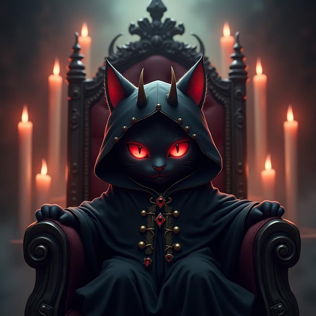Evil Black Kitten on Gothic Throne, Anime Style