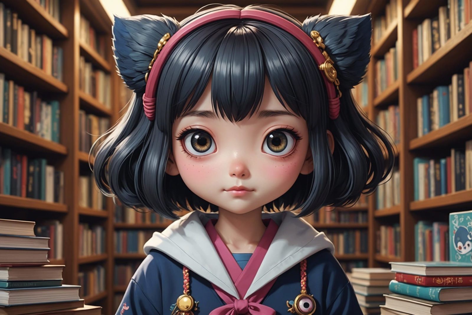 Kawaii Yokai Student in Eerie Library
