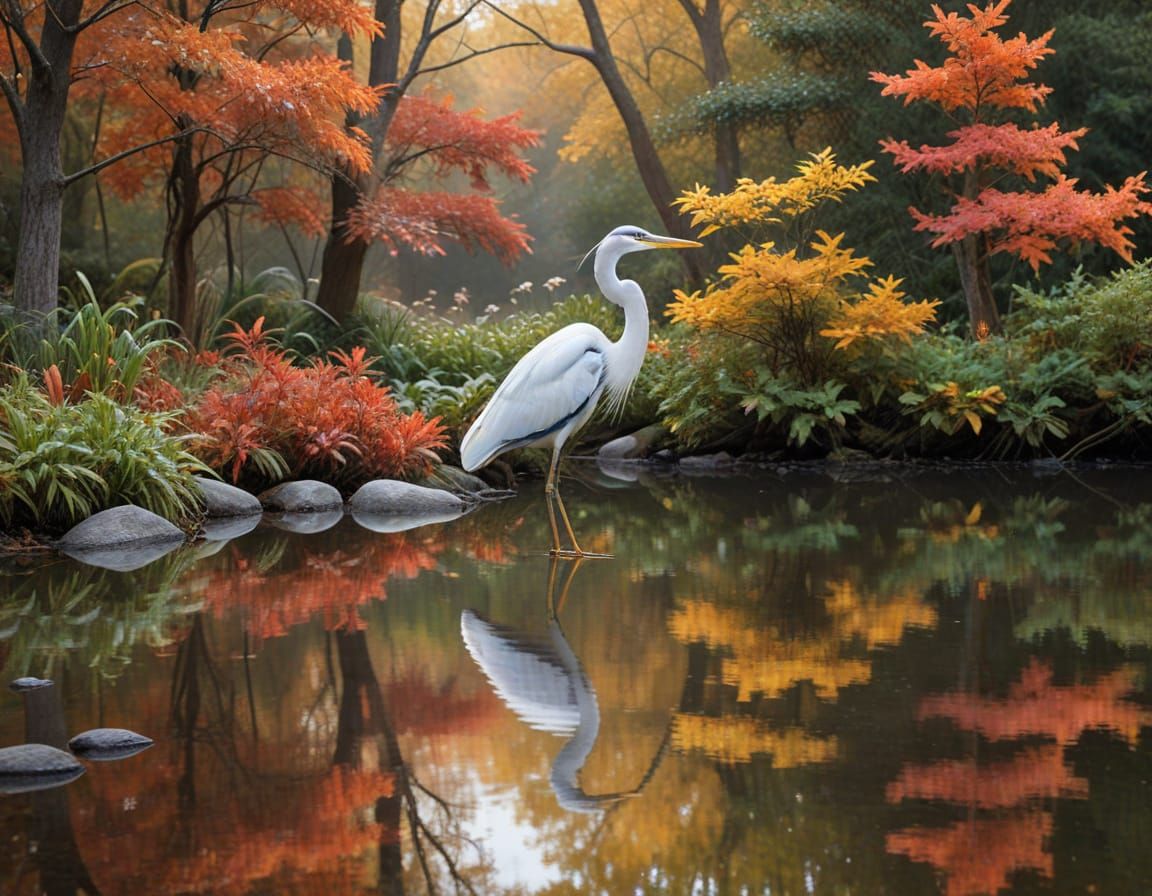 White Heron in Autumn Fog by Serene Water