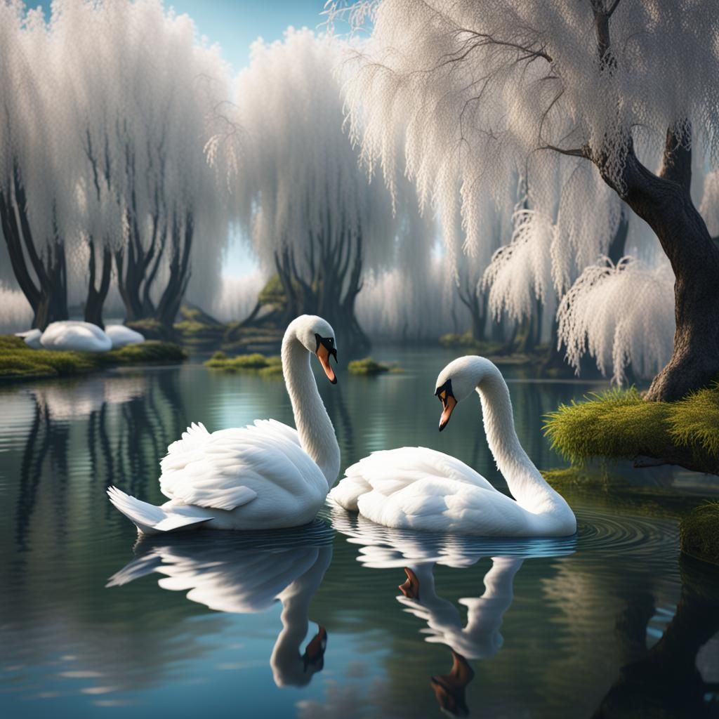 White Swans in Spring Pond: Detailed Matte Painting
