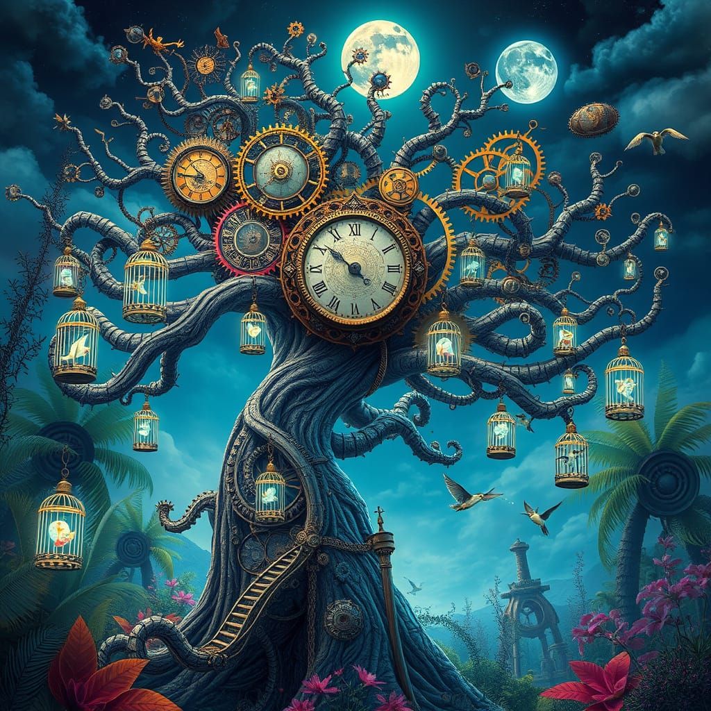 Clockwork Tree with Ethereal Birdcages in Alien Jungle