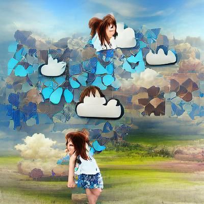 Girl with Brown Hair in Cloudscape with Butterflies