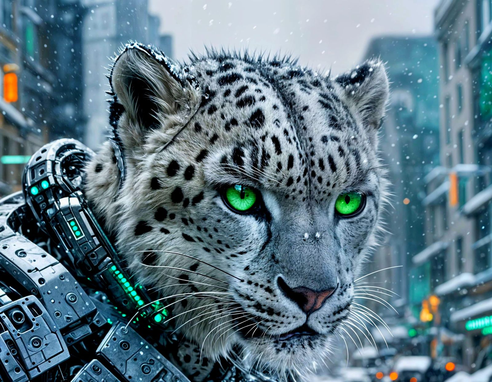 Snow Leopard Cyborg in Snowy City