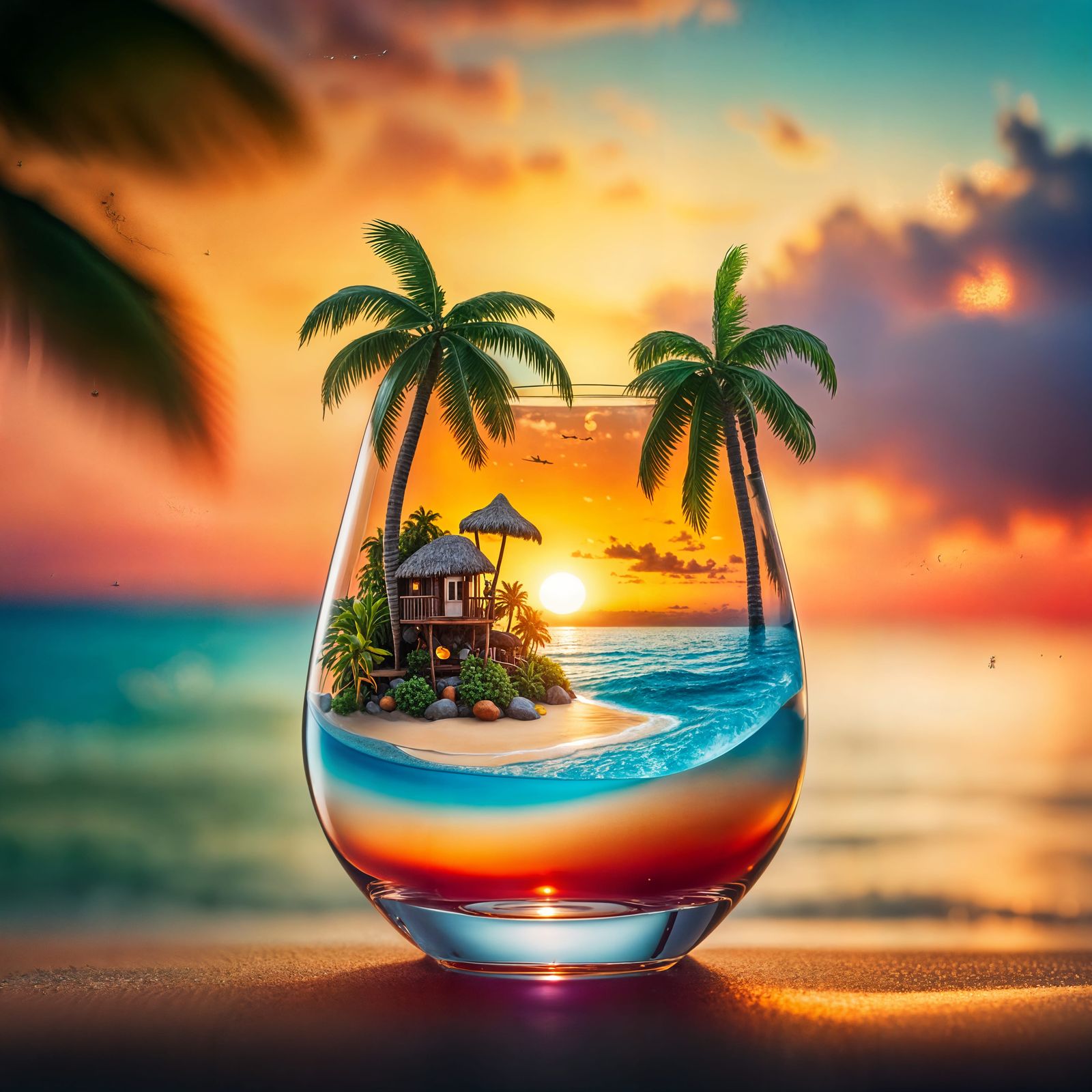 Miniature Tropical Island in Sunset Cocktail
