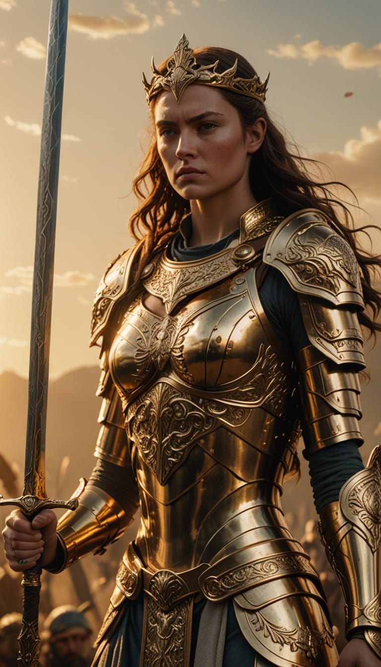 Goddess of War in Golden Armor: Digital Art