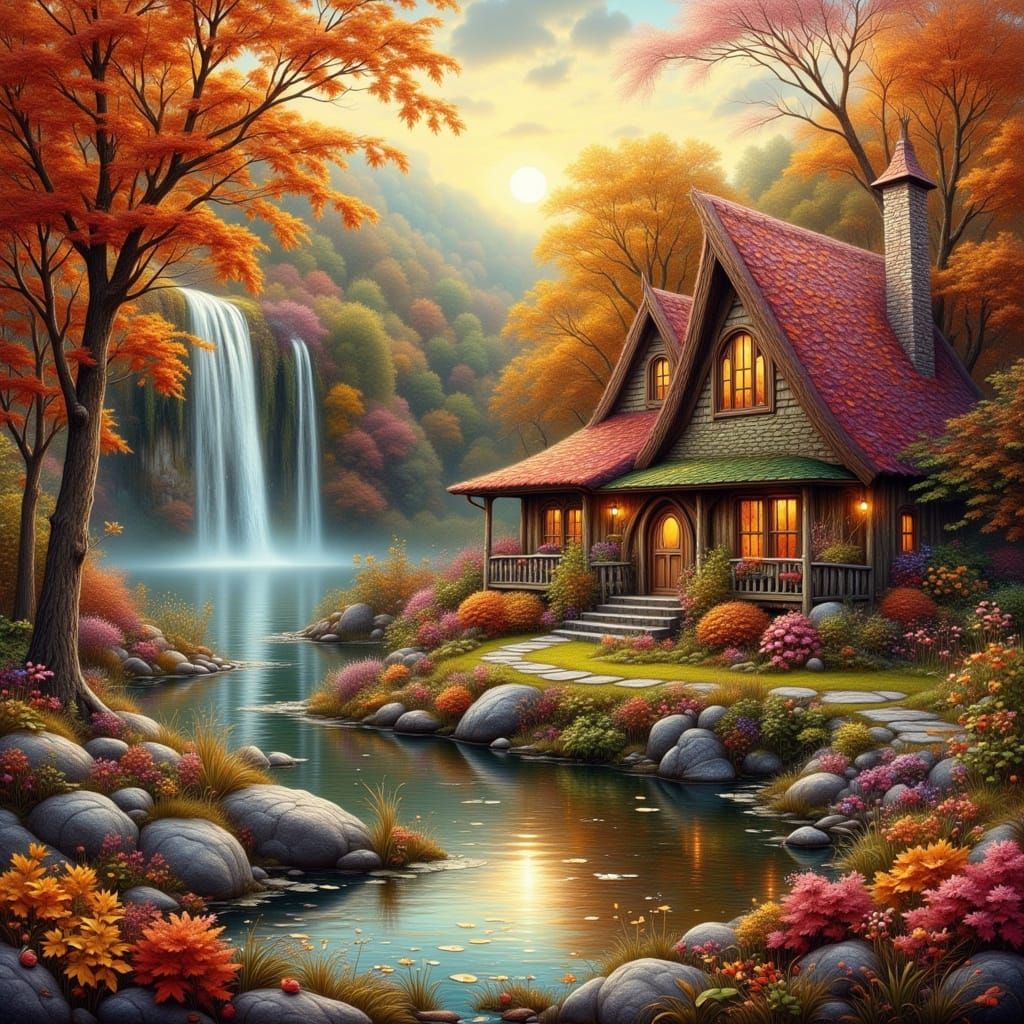 Surreal Folk Cottage With Shimmering Waterfall