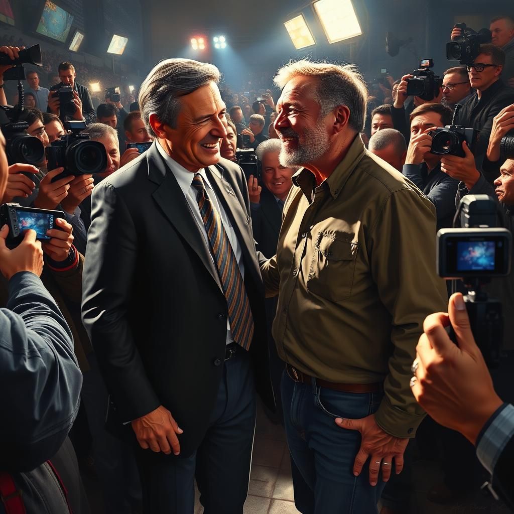 Businessman Greets Common Man: Hyperrealistic Scene