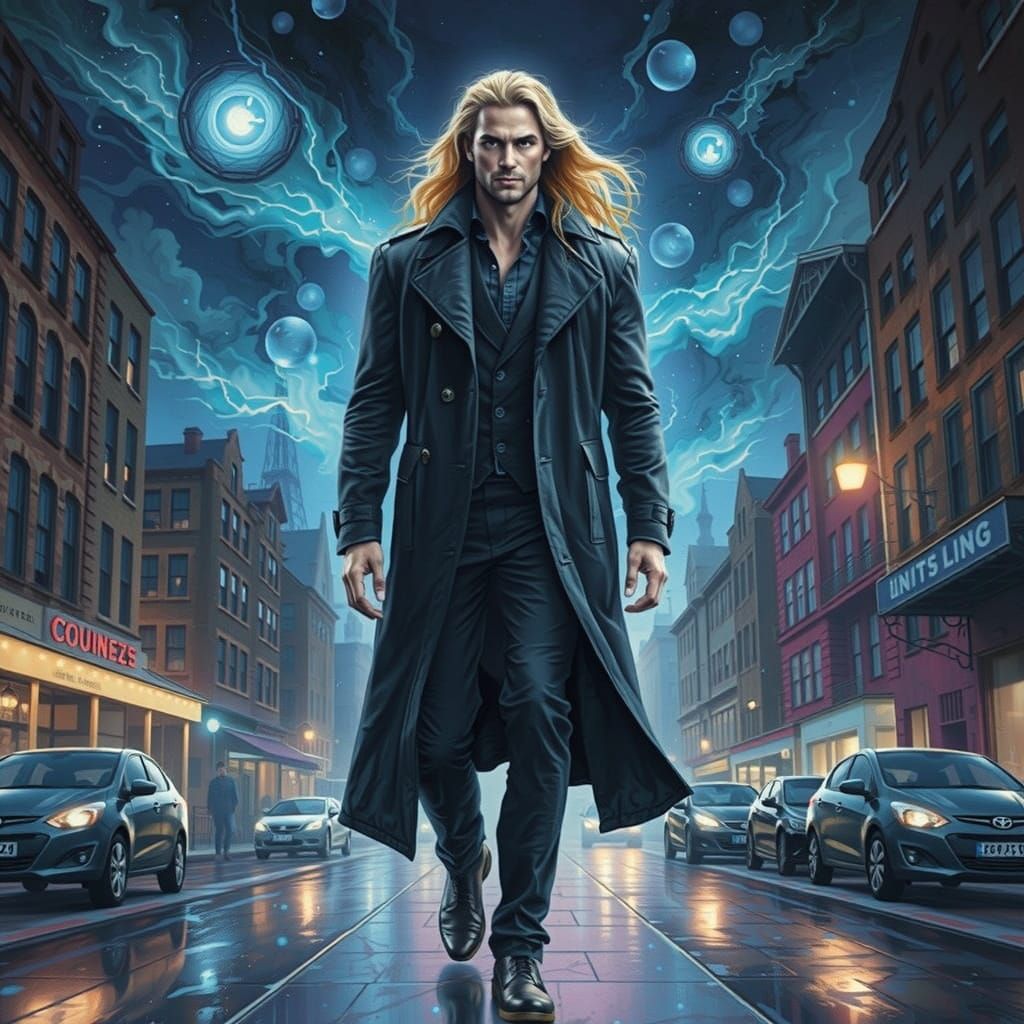 Gothic Romance Figure in Dark Cityscape