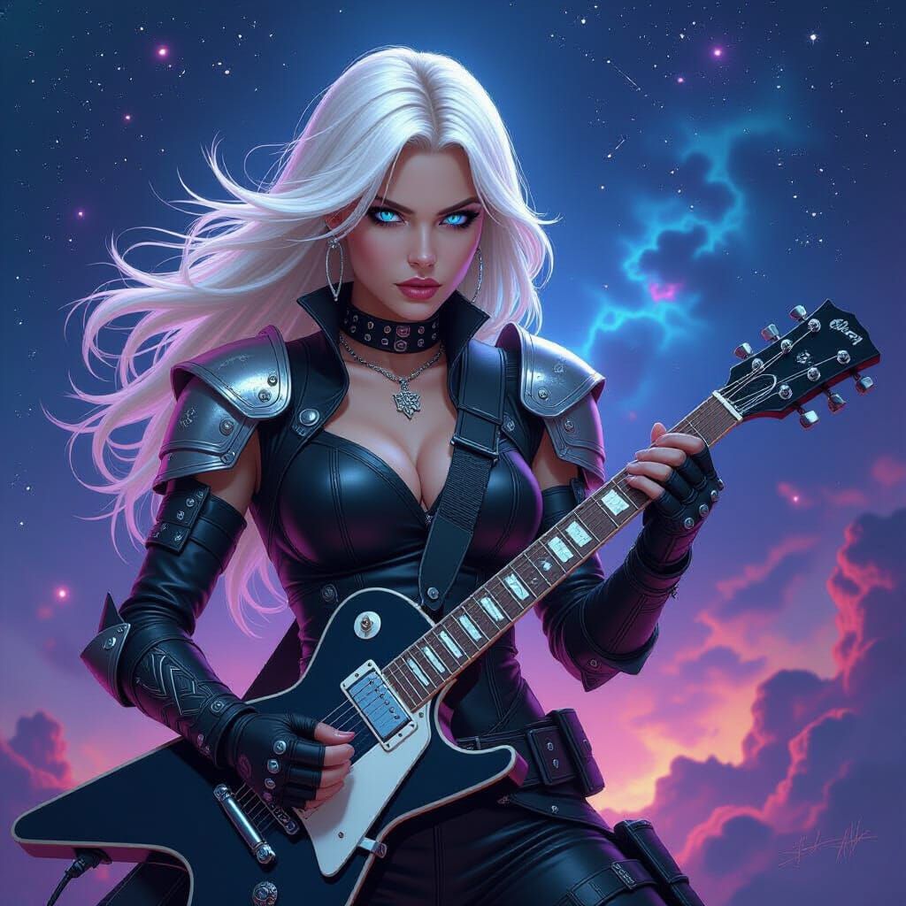 Rockstar Valkyrie with Electric Guitar in Cosmic Nebula