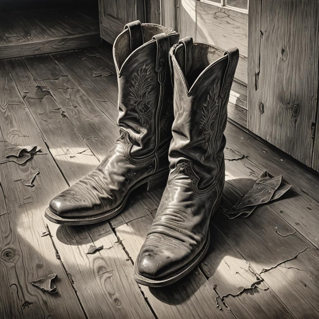 Worn Cowboy Boots Charcoal Drawing in American Realism