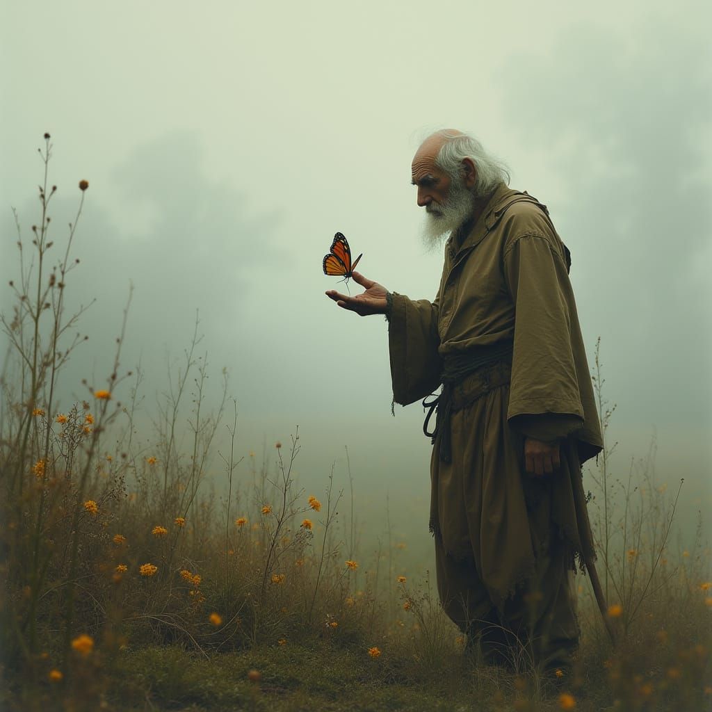 Melancholic Old Man with Butterfly in Ethereal Landscape